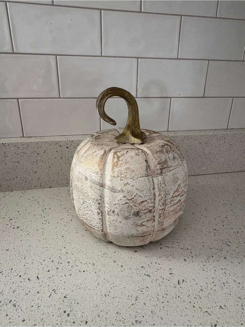Neutral White Decorative Pumpkin with Gold Stem - Home Accents